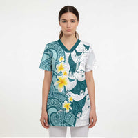 Maori Manta Ray Plumeria Teal Scrub Top - Polynesian Pride