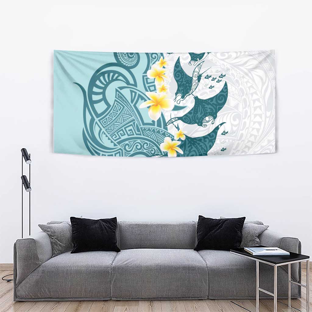 Maori Manta Ray Plumeria Teal Tapestry