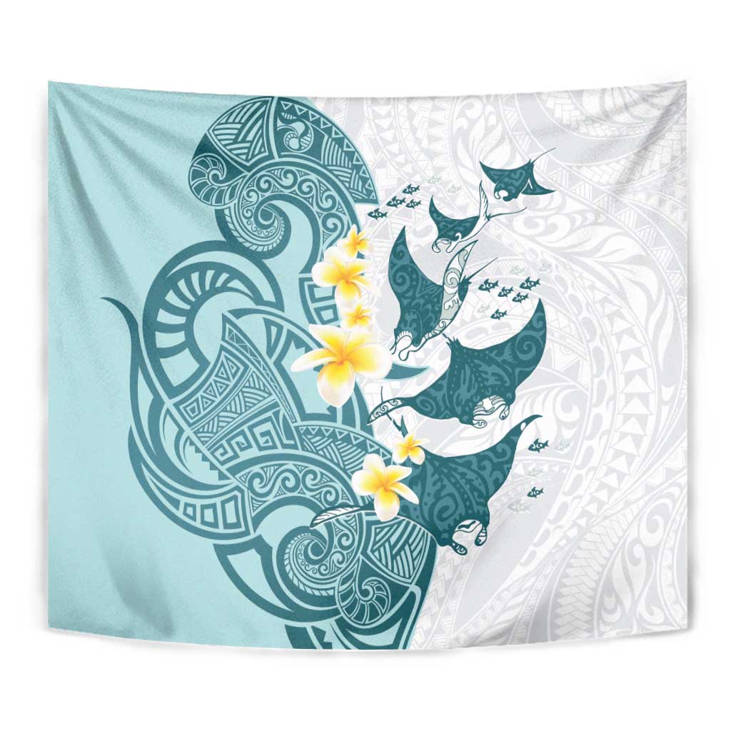 Maori Manta Ray Plumeria Teal Tapestry