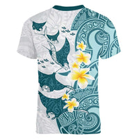 Maori Manta Ray Plumeria Teal Women V-Neck T-Shirt