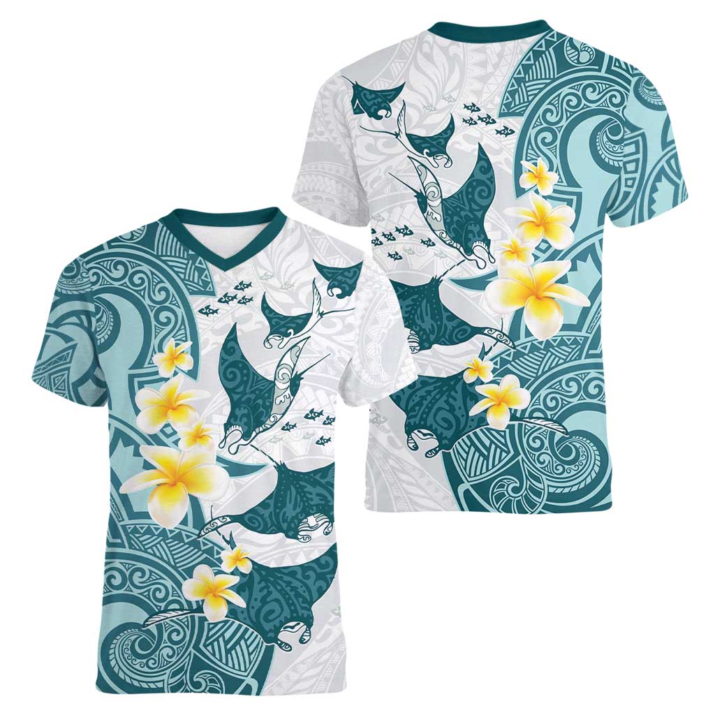 Maori Manta Ray Plumeria Teal Women V-Neck T-Shirt