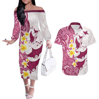 Maori Manta Ray Plumeria Royal Pink Couples Matching Off The Shoulder Long Sleeve Dress and Hawaiian Shirt LT01 Pink - Polynesian Pride