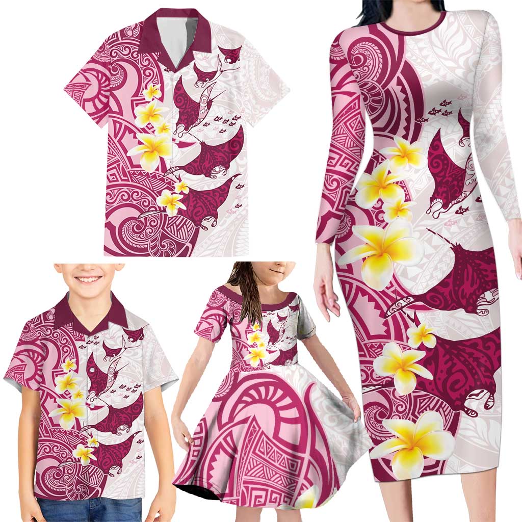 Maori Manta Ray Plumeria Royal Pink Family Matching Long Sleeve Bodycon Dress and Hawaiian Shirt LT01 - Polynesian Pride