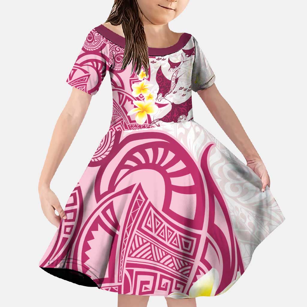 Maori Manta Ray Plumeria Royal Pink Family Matching Mermaid Dress and Hawaiian Shirt LT01 Daughter's Dress Pink - Polynesian Pride