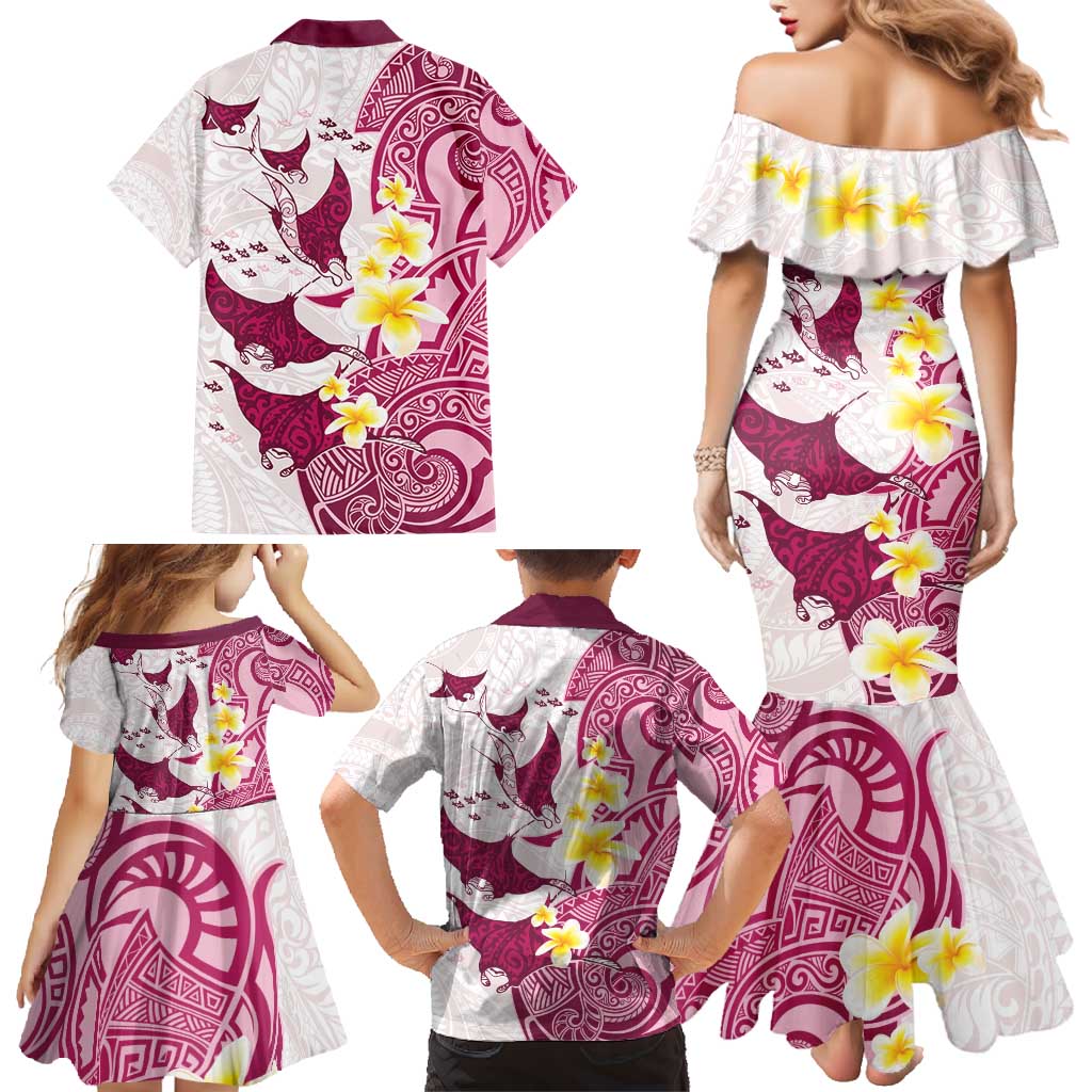 Maori Manta Ray Plumeria Royal Pink Family Matching Mermaid Dress and Hawaiian Shirt LT01 - Polynesian Pride