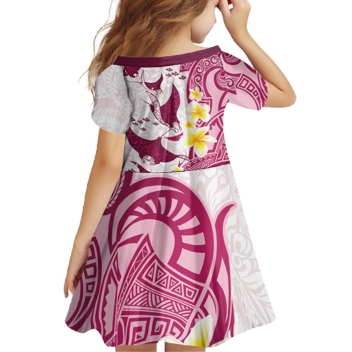Maori Manta Ray Plumeria Royal Pink Family Matching Off The Shoulder Long Sleeve Dress and Hawaiian Shirt LT01 - Polynesian Pride