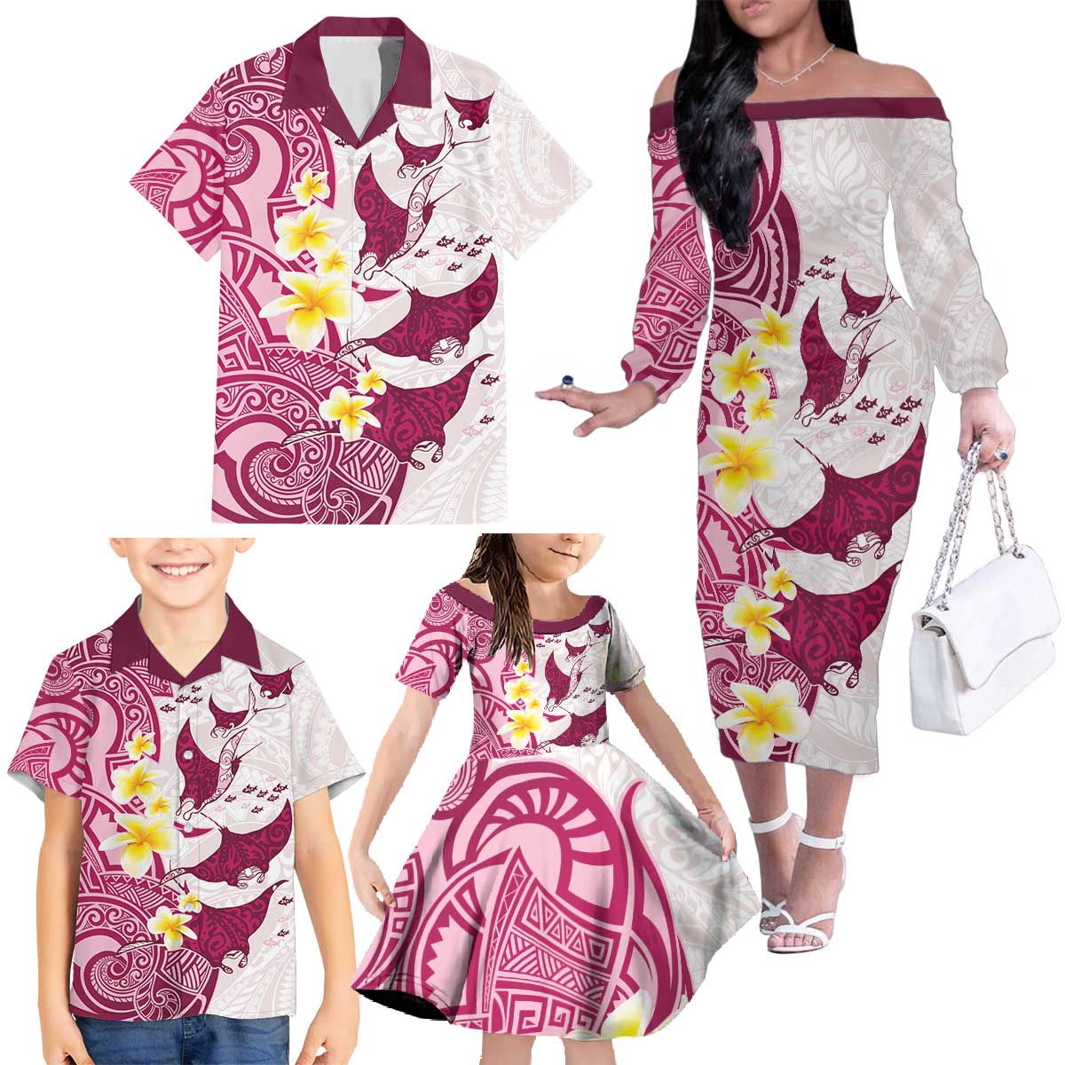 Maori Manta Ray Plumeria Royal Pink Family Matching Off The Shoulder Long Sleeve Dress and Hawaiian Shirt LT01 - Polynesian Pride
