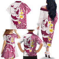 Maori Manta Ray Plumeria Royal Pink Family Matching Off The Shoulder Long Sleeve Dress and Hawaiian Shirt LT01 - Polynesian Pride