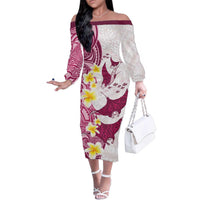 Maori Manta Ray Plumeria Royal Pink Family Matching Off The Shoulder Long Sleeve Dress and Hawaiian Shirt LT01 Mom's Dress Pink - Polynesian Pride