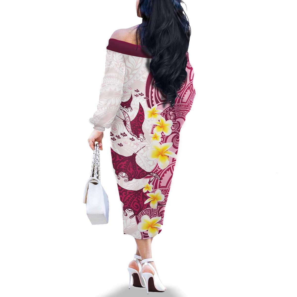 Maori Manta Ray Plumeria Royal Pink Family Matching Off The Shoulder Long Sleeve Dress and Hawaiian Shirt LT01 - Polynesian Pride