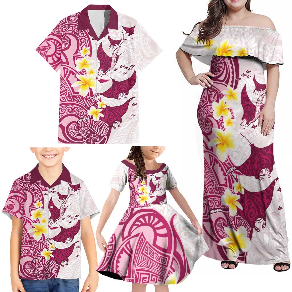 Maori Manta Ray Plumeria Royal Pink Family Matching Off Shoulder Maxi Dress and Hawaiian Shirt LT01 - Polynesian Pride