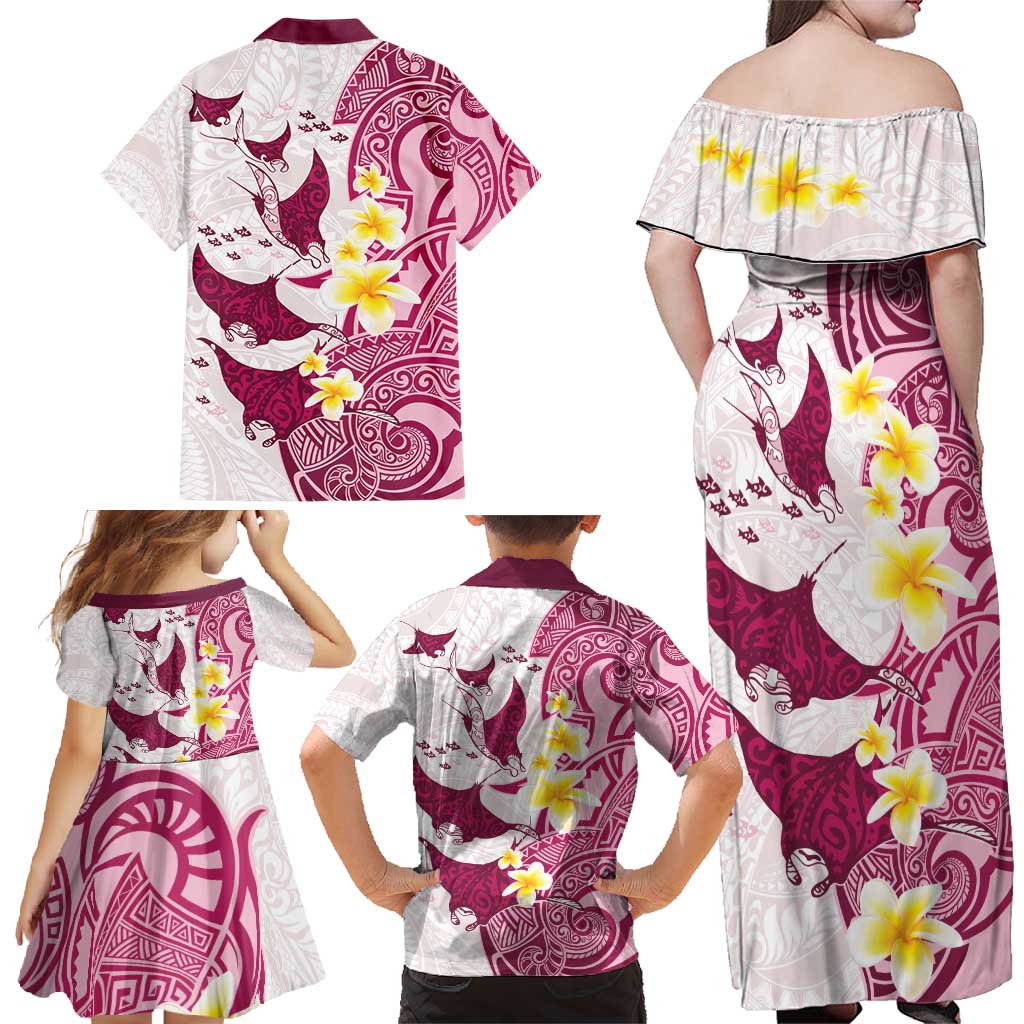 Maori Manta Ray Plumeria Royal Pink Family Matching Off Shoulder Maxi Dress and Hawaiian Shirt LT01 - Polynesian Pride