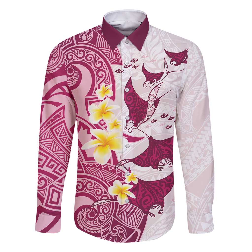 Maori Manta Ray Plumeria Royal Pink Family Matching Off Shoulder Maxi Dress and Hawaiian Shirt LT01 Dad's Shirt - Long Sleeve Pink - Polynesian Pride