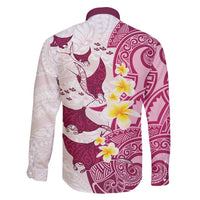 Maori Manta Ray Plumeria Royal Pink Family Matching Off Shoulder Short Dress and Hawaiian Shirt LT01 - Polynesian Pride