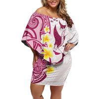Maori Manta Ray Plumeria Royal Pink Family Matching Off Shoulder Short Dress and Hawaiian Shirt LT01 Mom's Dress Pink - Polynesian Pride
