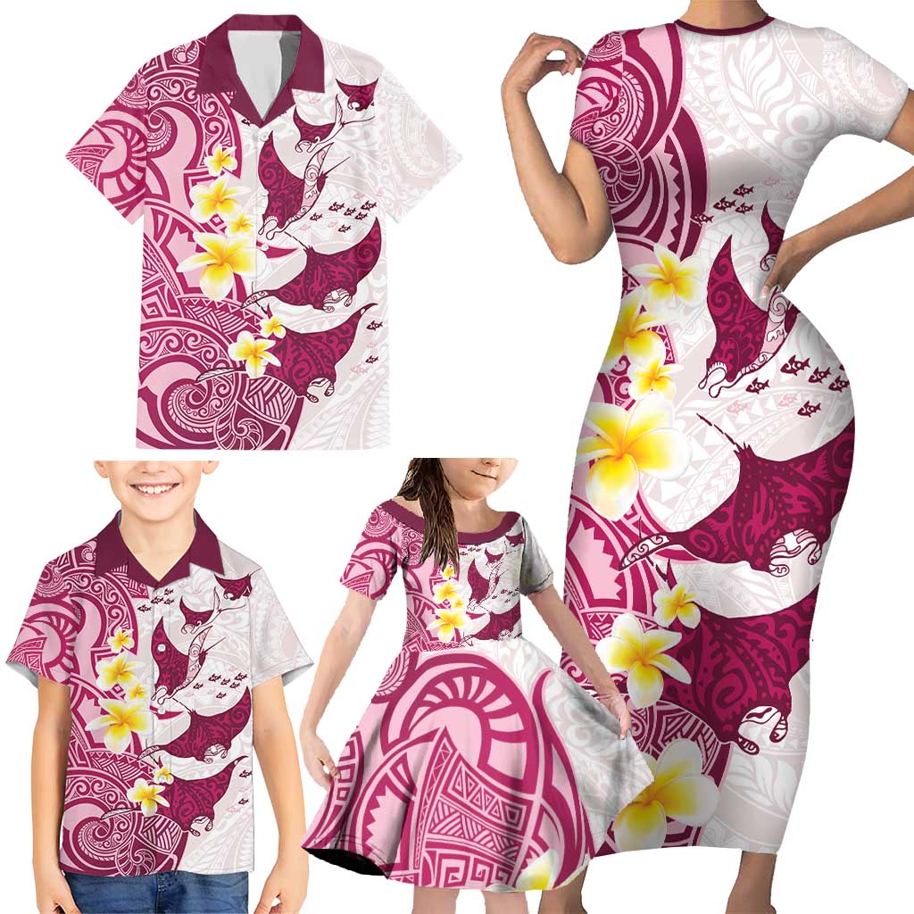 Maori Manta Ray Plumeria Royal Pink Family Matching Short Sleeve Bodycon Dress and Hawaiian Shirt LT01 - Polynesian Pride