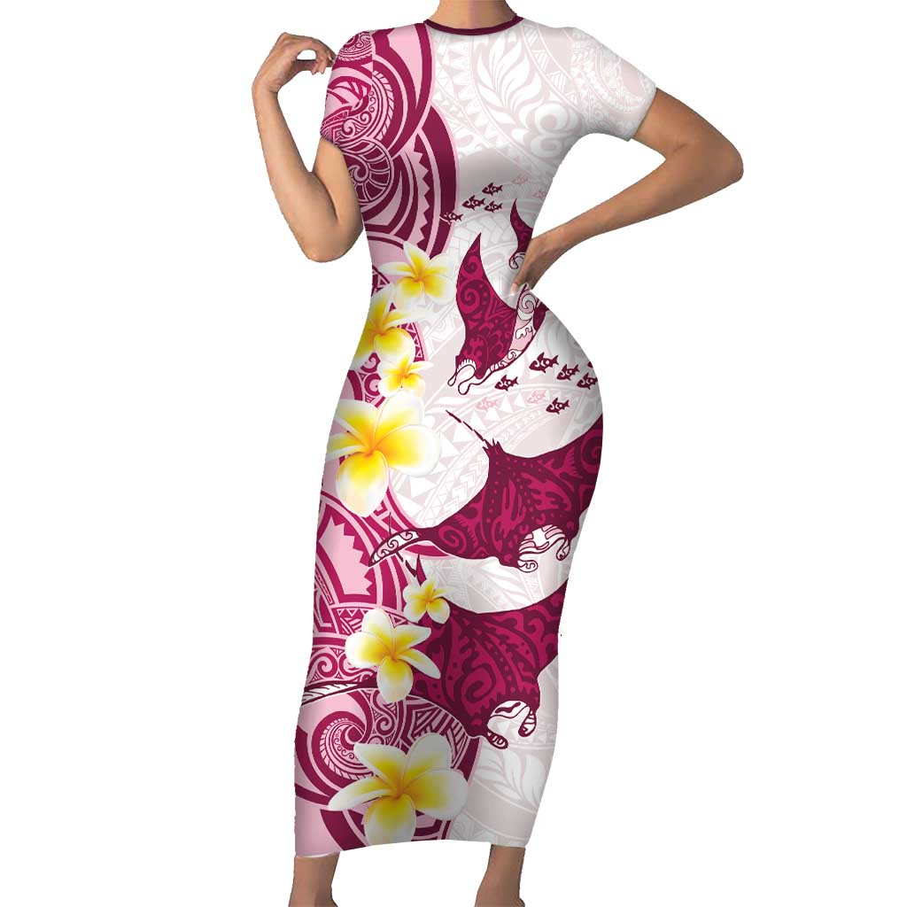 Maori Manta Ray Plumeria Royal Pink Family Matching Short Sleeve Bodycon Dress and Hawaiian Shirt LT01 Mom's Dress Pink - Polynesian Pride