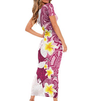 Maori Manta Ray Plumeria Royal Pink Family Matching Short Sleeve Bodycon Dress and Hawaiian Shirt LT01 - Polynesian Pride