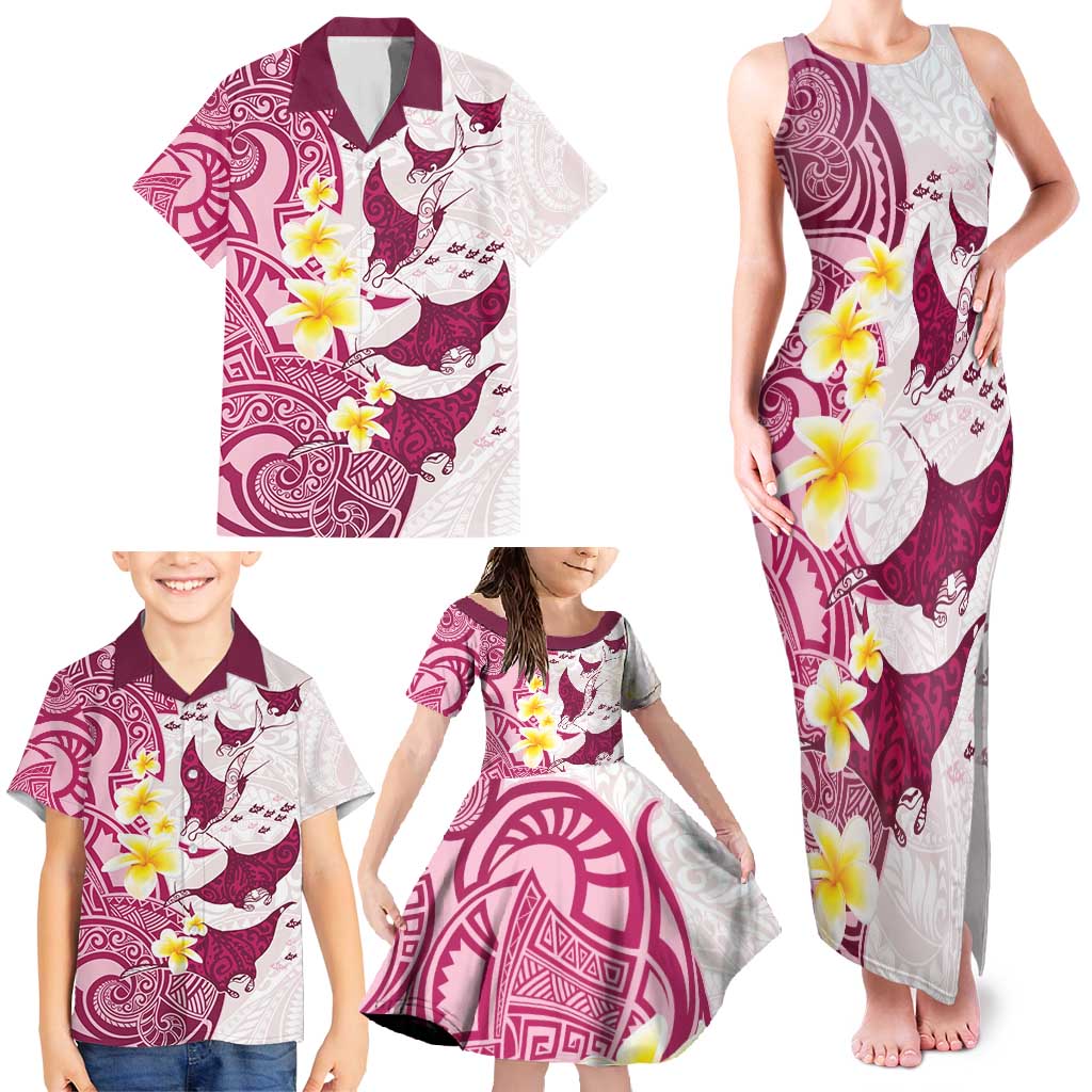 Maori Manta Ray Plumeria Royal Pink Family Matching Tank Maxi Dress and Hawaiian Shirt LT01 - Polynesian Pride