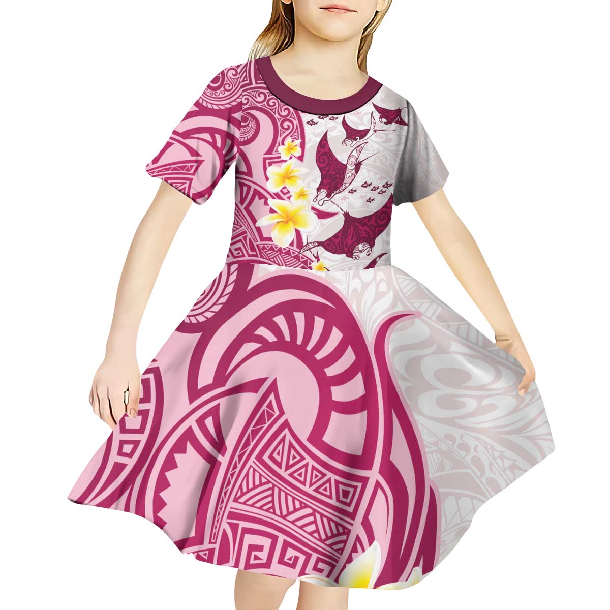 Maori Manta Ray Plumeria Royal Pink Kid Short Sleeve Dress LT01 - Polynesian Pride
