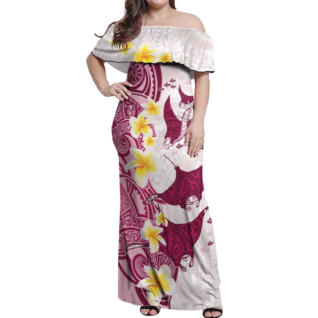 Maori Manta Ray Plumeria Royal Pink Off Shoulder Maxi Dress LT01 Women Pink - Polynesian Pride