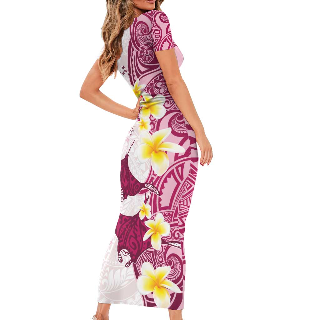 Maori Manta Ray Plumeria Royal Pink Short Sleeve Bodycon Dress