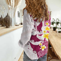 Maori Manta Ray Plumeria Royal Pink Women Casual Shirt