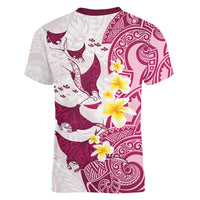 Maori Manta Ray Plumeria Royal Pink Women V-Neck T-Shirt