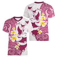 Maori Manta Ray Plumeria Royal Pink Women V-Neck T-Shirt