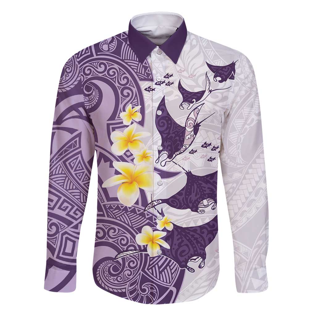 Maori Manta Ray Plumeria Deep Purple Family Matching Long Sleeve Bodycon Dress and Hawaiian Shirt LT01 Dad's Shirt - Long Sleeve Purple - Polynesian Pride