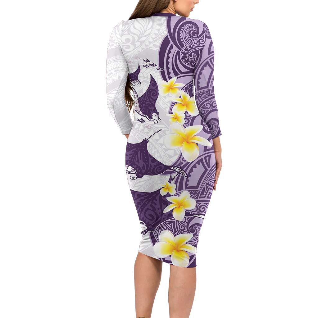 Maori Manta Ray Plumeria Deep Purple Family Matching Long Sleeve Bodycon Dress and Hawaiian Shirt LT01 - Polynesian Pride