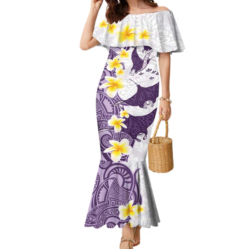 Maori Manta Ray Plumeria Deep Purple Family Matching Mermaid Dress and Hawaiian Shirt LT01 Mom's Dress Purple - Polynesian Pride