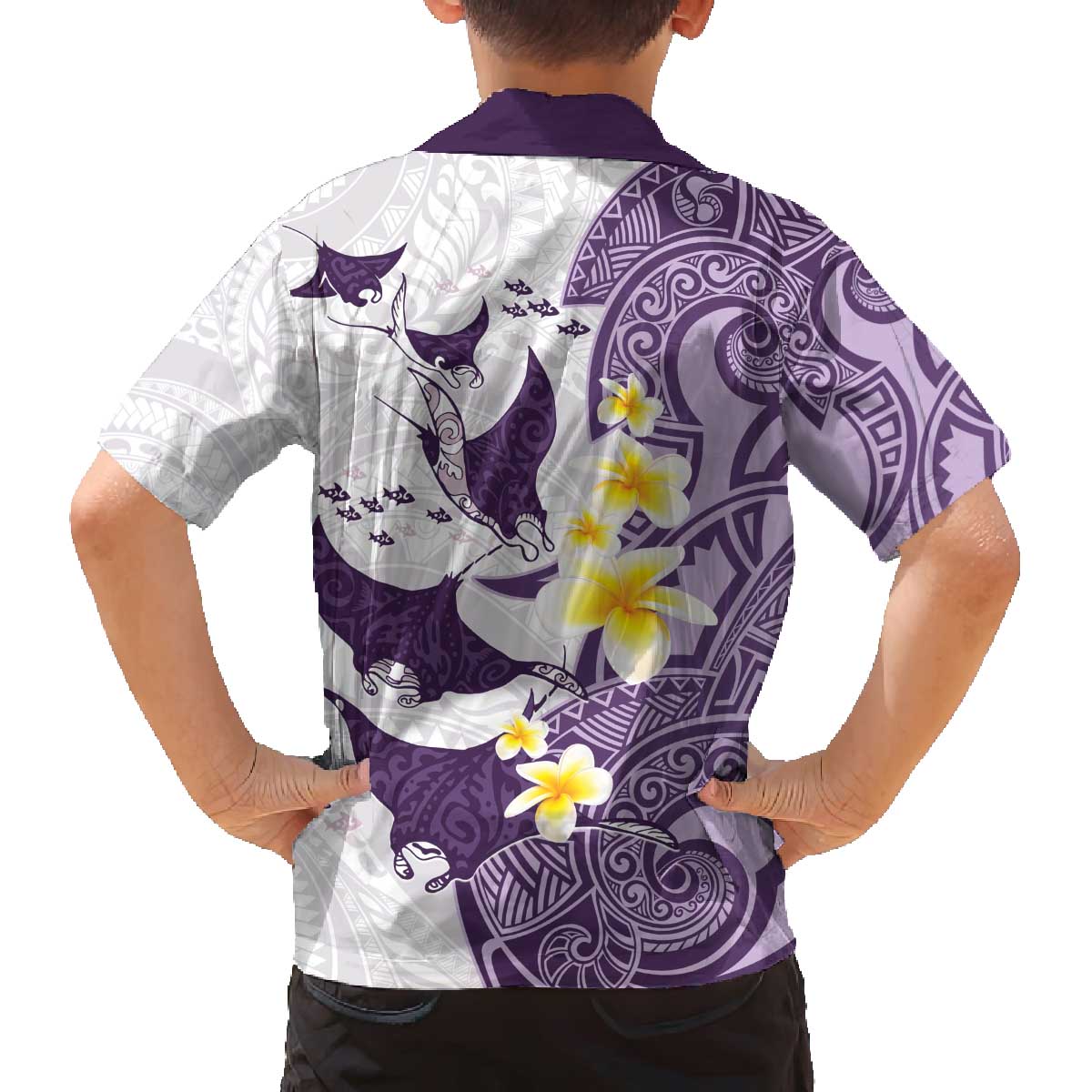Maori Manta Ray Plumeria Deep Purple Family Matching Off The Shoulder Long Sleeve Dress and Hawaiian Shirt LT01 - Polynesian Pride