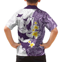 Maori Manta Ray Plumeria Deep Purple Family Matching Off The Shoulder Long Sleeve Dress and Hawaiian Shirt LT01 - Polynesian Pride