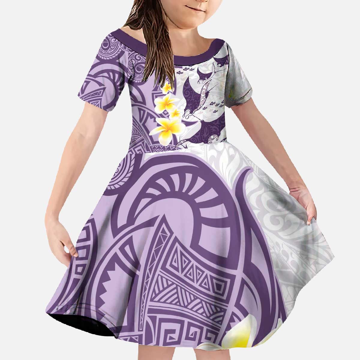 Maori Manta Ray Plumeria Deep Purple Family Matching Off The Shoulder Long Sleeve Dress and Hawaiian Shirt LT01 Daughter's Dress Purple - Polynesian Pride