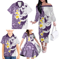 Maori Manta Ray Plumeria Deep Purple Family Matching Off The Shoulder Long Sleeve Dress and Hawaiian Shirt LT01 - Polynesian Pride
