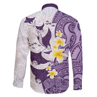 Maori Manta Ray Plumeria Deep Purple Family Matching Off The Shoulder Long Sleeve Dress and Hawaiian Shirt LT01 - Polynesian Pride