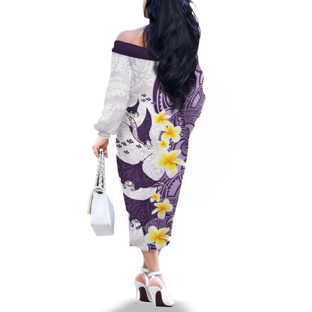 Maori Manta Ray Plumeria Deep Purple Family Matching Off The Shoulder Long Sleeve Dress and Hawaiian Shirt LT01 - Polynesian Pride