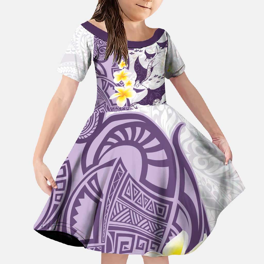 Maori Manta Ray Plumeria Deep Purple Family Matching Off Shoulder Maxi Dress and Hawaiian Shirt LT01 Daughter's Dress Purple - Polynesian Pride