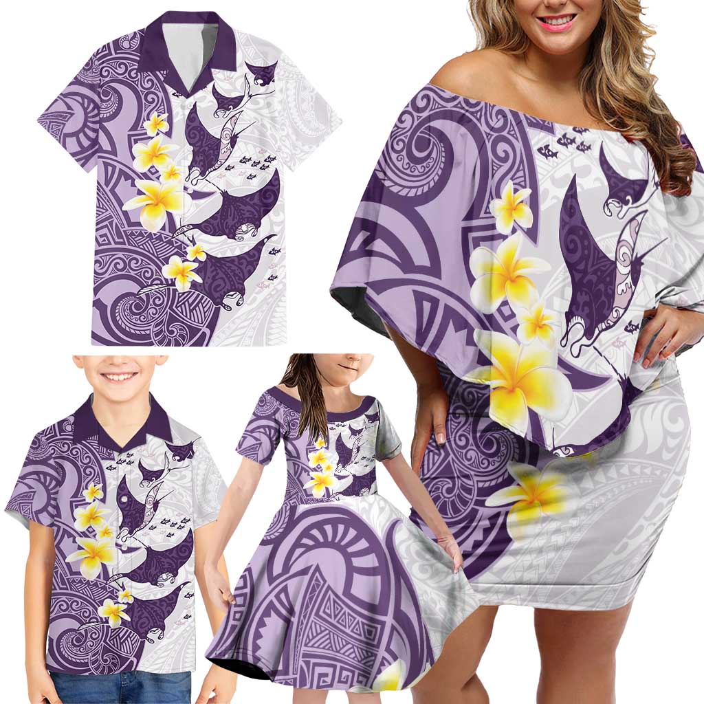 Maori Manta Ray Plumeria Deep Purple Family Matching Off Shoulder Short Dress and Hawaiian Shirt LT01 - Polynesian Pride