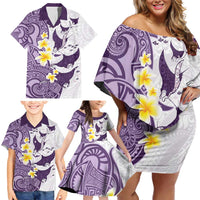 Maori Manta Ray Plumeria Deep Purple Family Matching Off Shoulder Short Dress and Hawaiian Shirt LT01 - Polynesian Pride