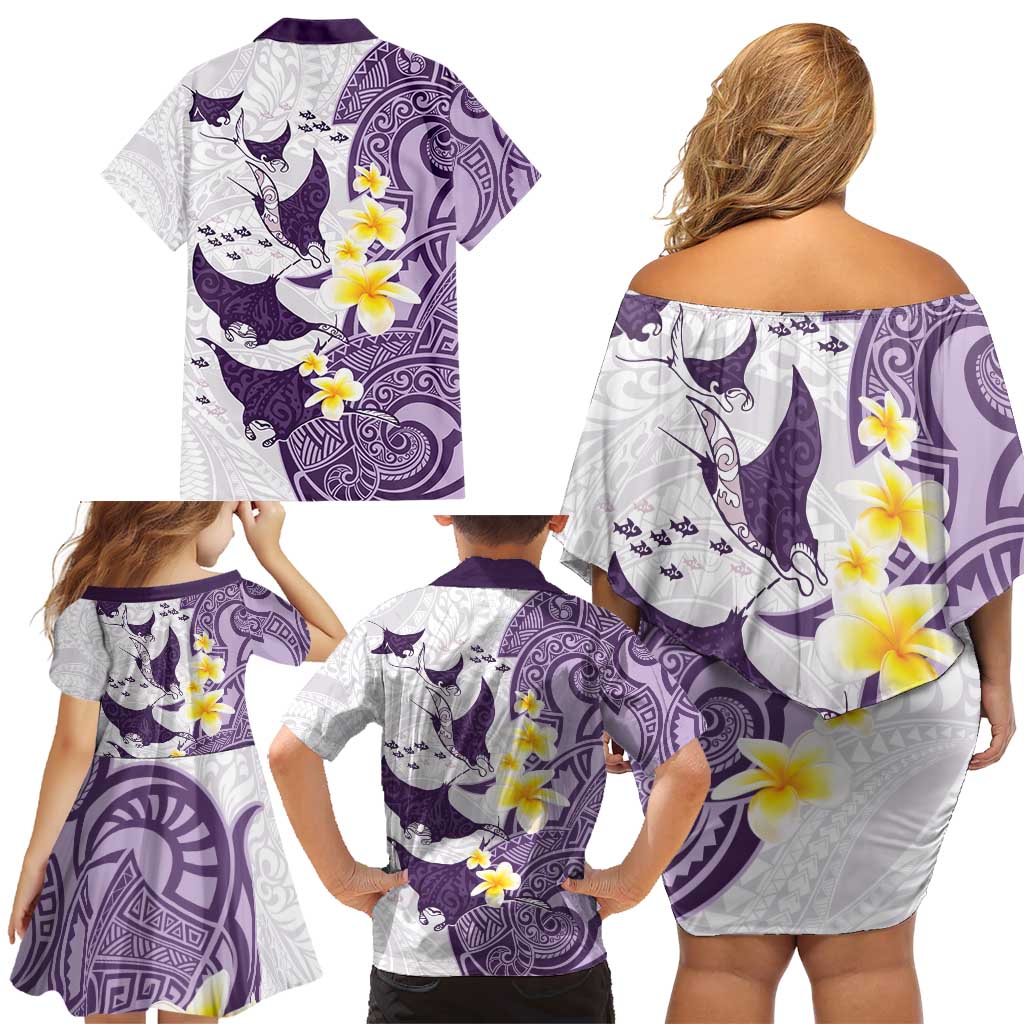 Maori Manta Ray Plumeria Deep Purple Family Matching Off Shoulder Short Dress and Hawaiian Shirt LT01 - Polynesian Pride
