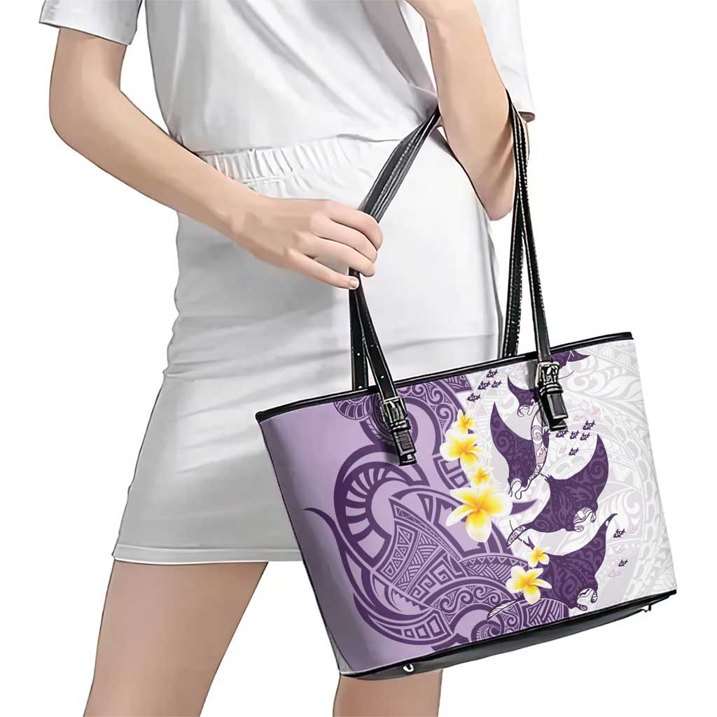 Maori Manta Ray Plumeria Deep Purple Leather Tote Bag