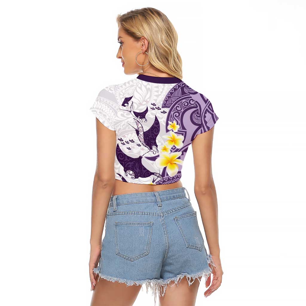 Maori Manta Ray Plumeria Deep Purple Raglan Cropped T Shirt