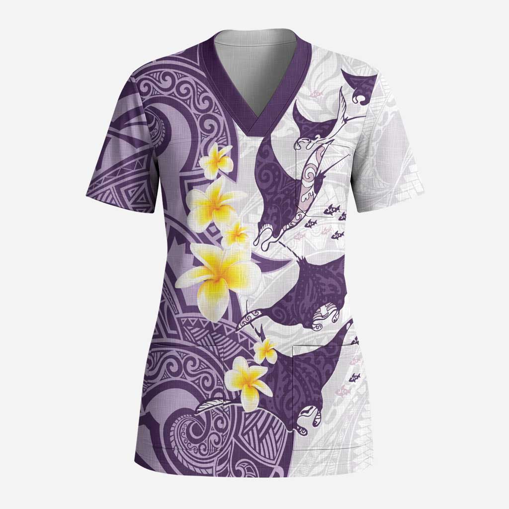 Maori Manta Ray Plumeria Deep Purple Scrub Top - Polynesian Pride