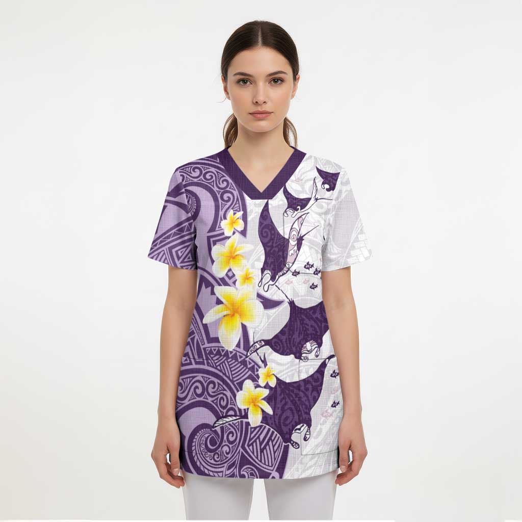 Maori Manta Ray Plumeria Deep Purple Scrub Top - Polynesian Pride