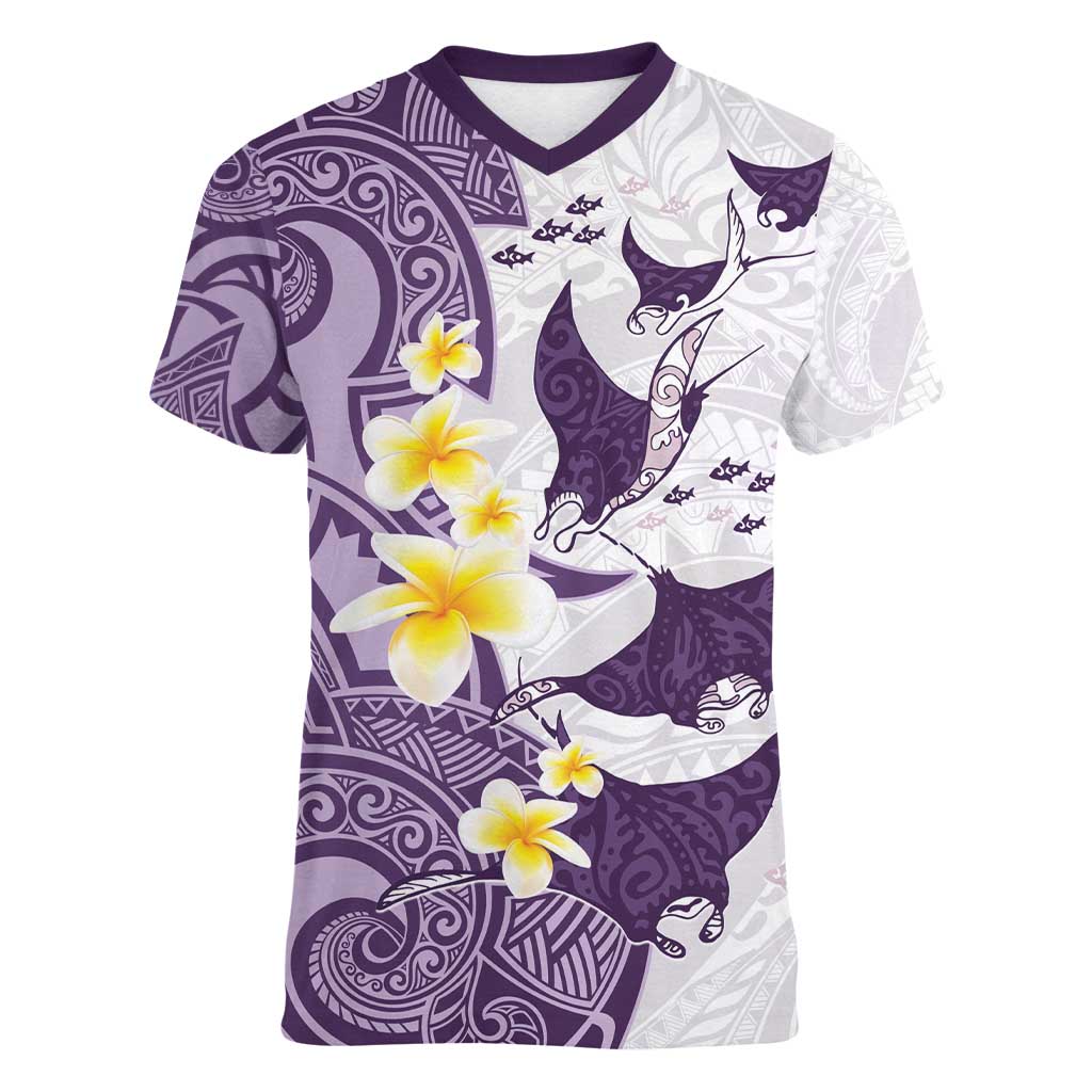 Maori Manta Ray Plumeria Deep Purple Women V-Neck T-Shirt