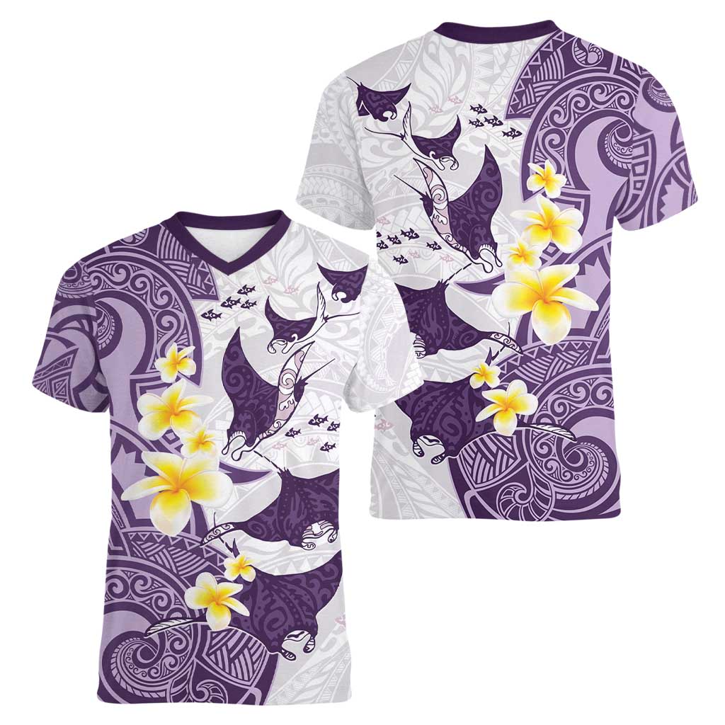 Maori Manta Ray Plumeria Deep Purple Women V-Neck T-Shirt