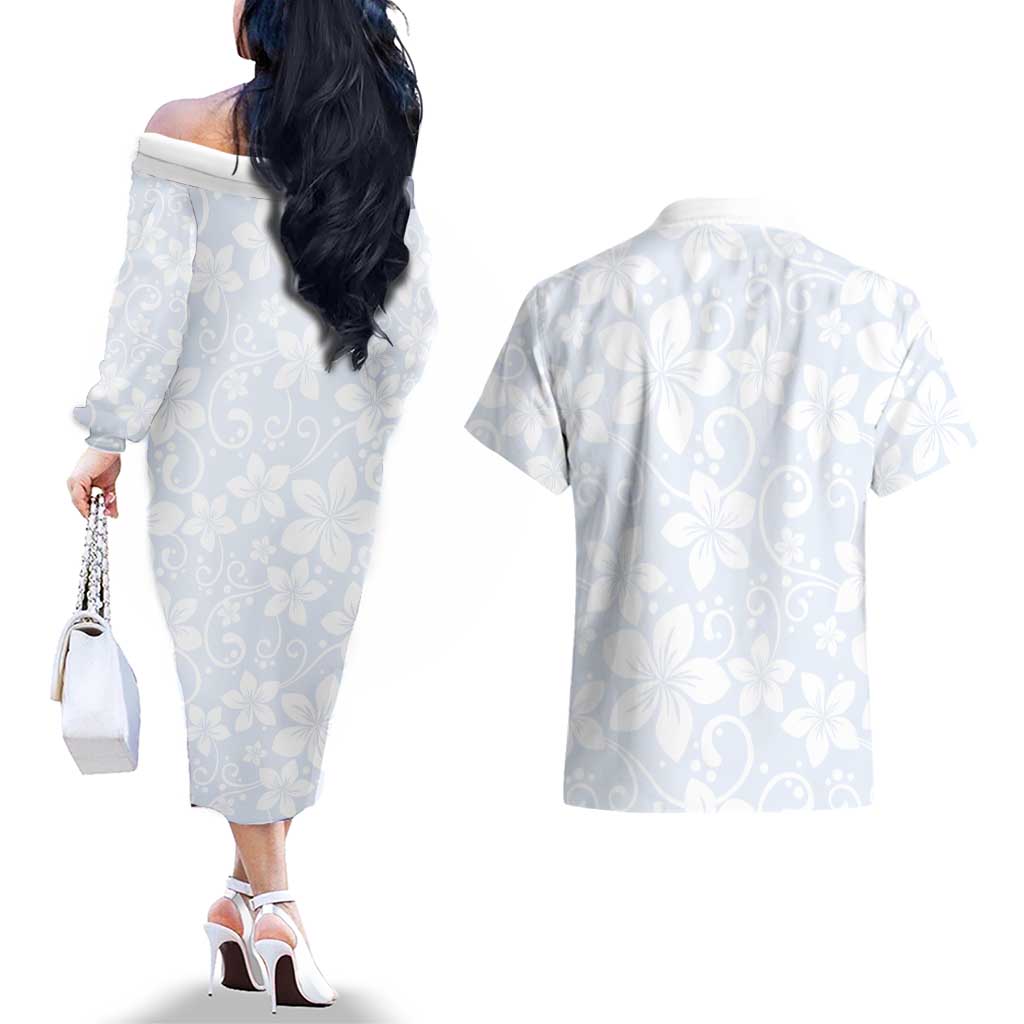 Plumeria Floral White Sunday Couples Matching Off The Shoulder Long Sleeve Dress and Hawaiian Shirt