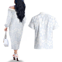 Plumeria Floral White Sunday Couples Matching Off The Shoulder Long Sleeve Dress and Hawaiian Shirt